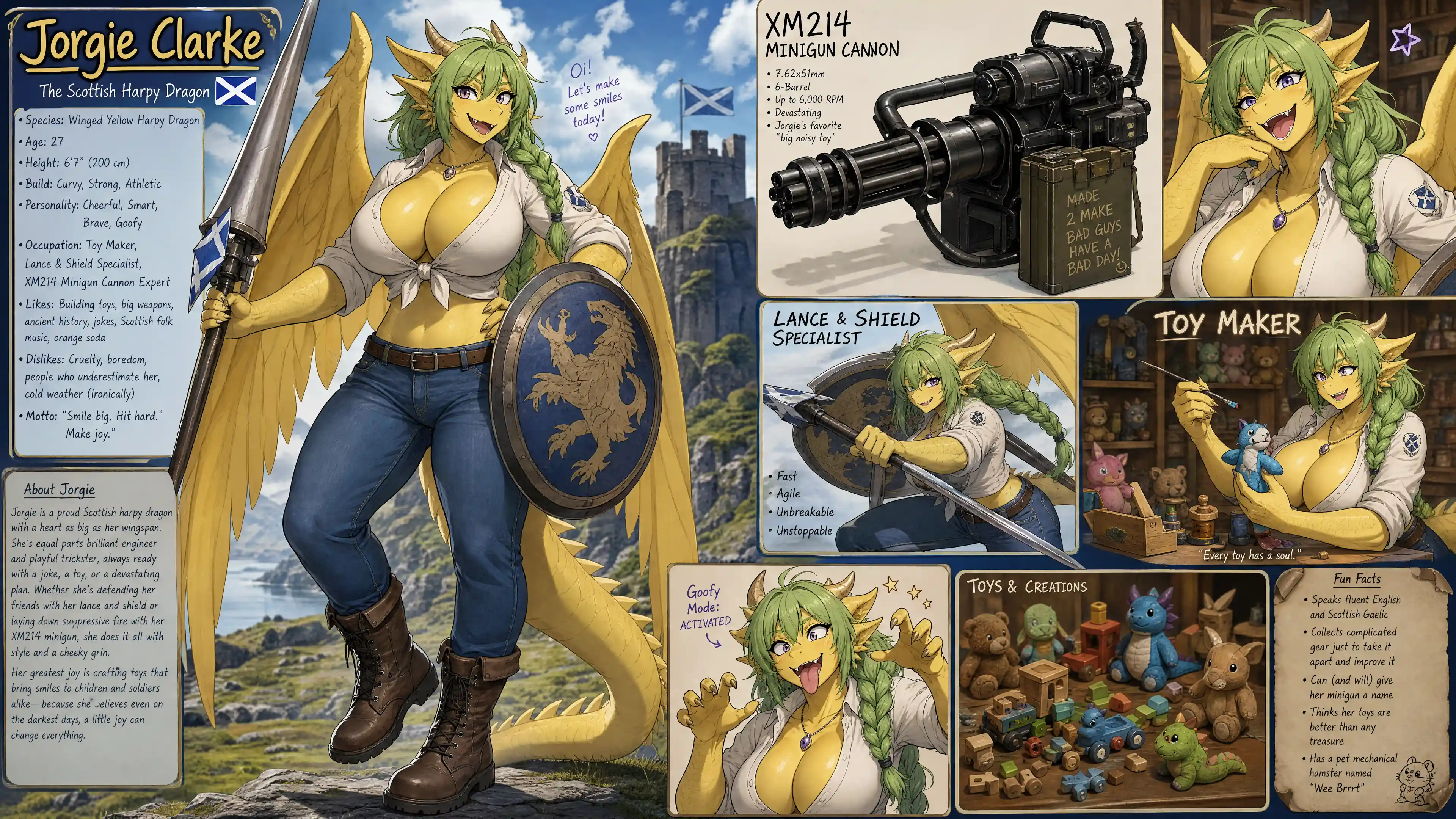 Cheerful winged dragon woman in casual clothes with weapons