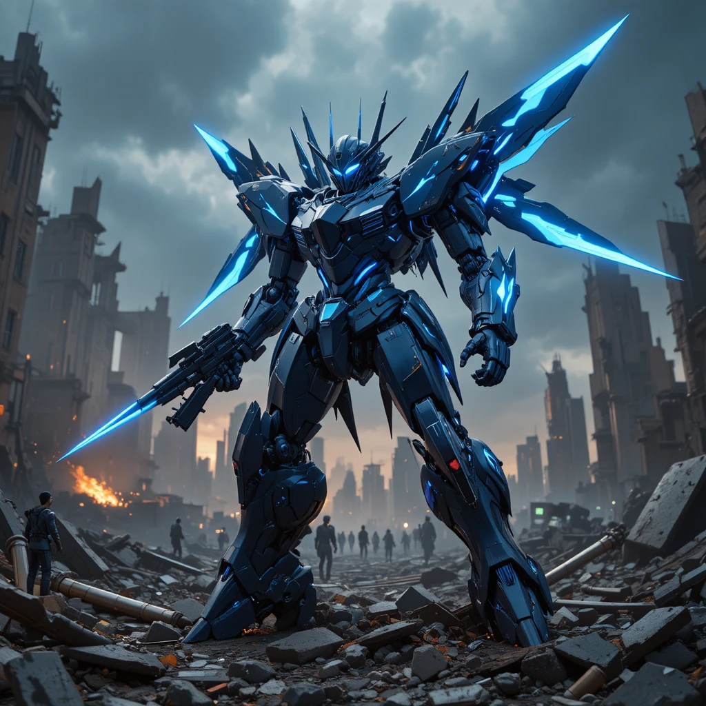 Blue energy mecha on ruined futuristic city battlefield