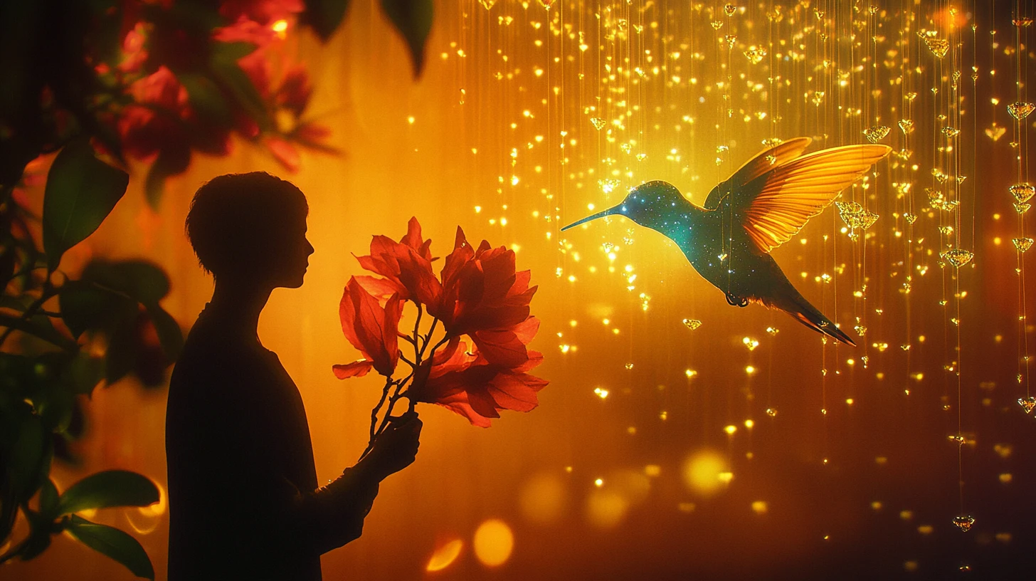 Human watching a hovering hummingbird beside a glowing flower