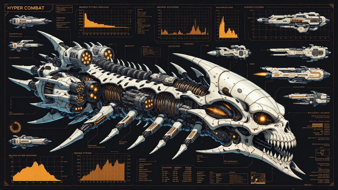 3D engineering diagram of alien skull battle cruiser