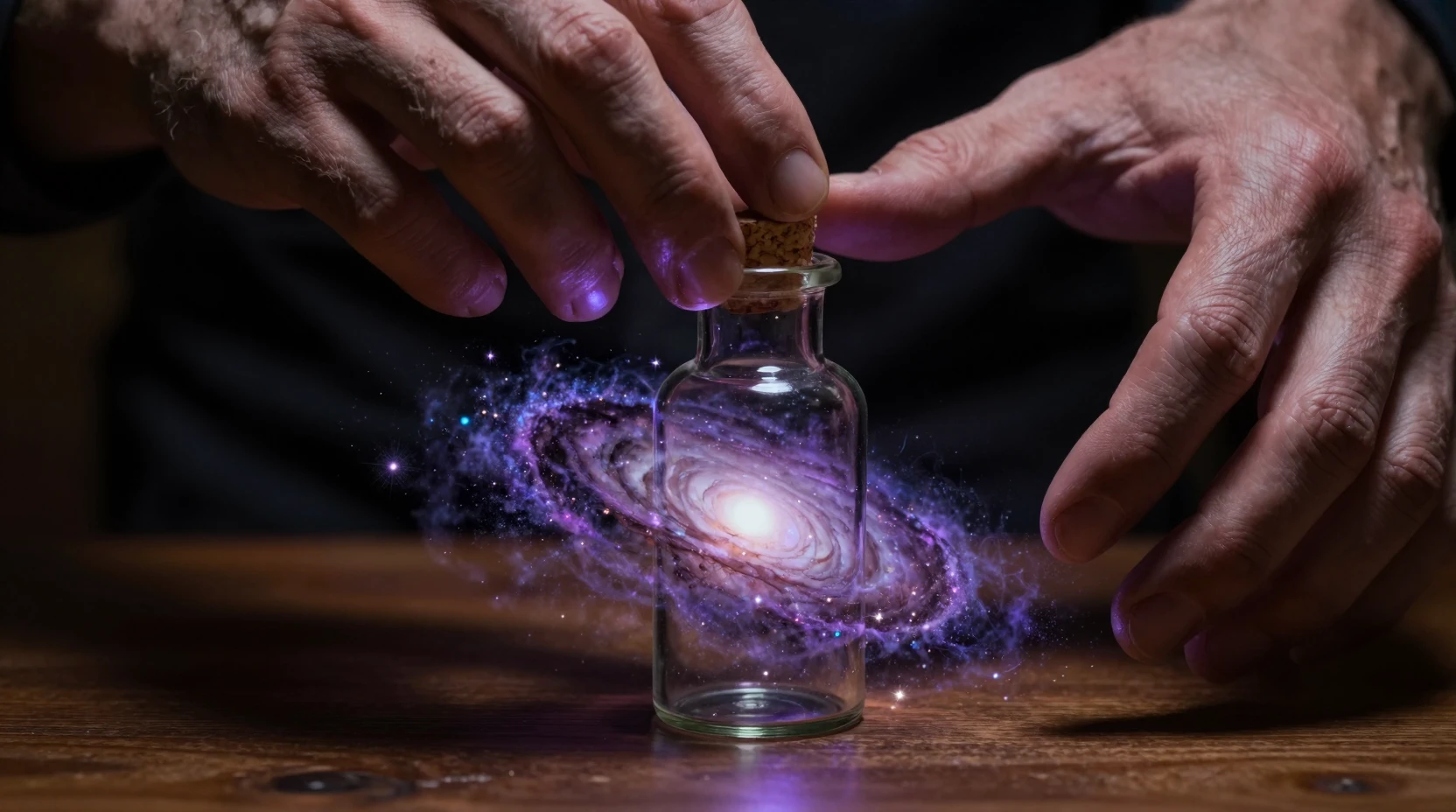 Miniature spiral galaxy sealed inside a glass bottle