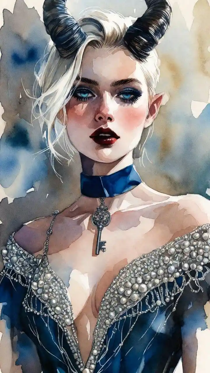 Elegant horned tiefling woman in baroque blue gown