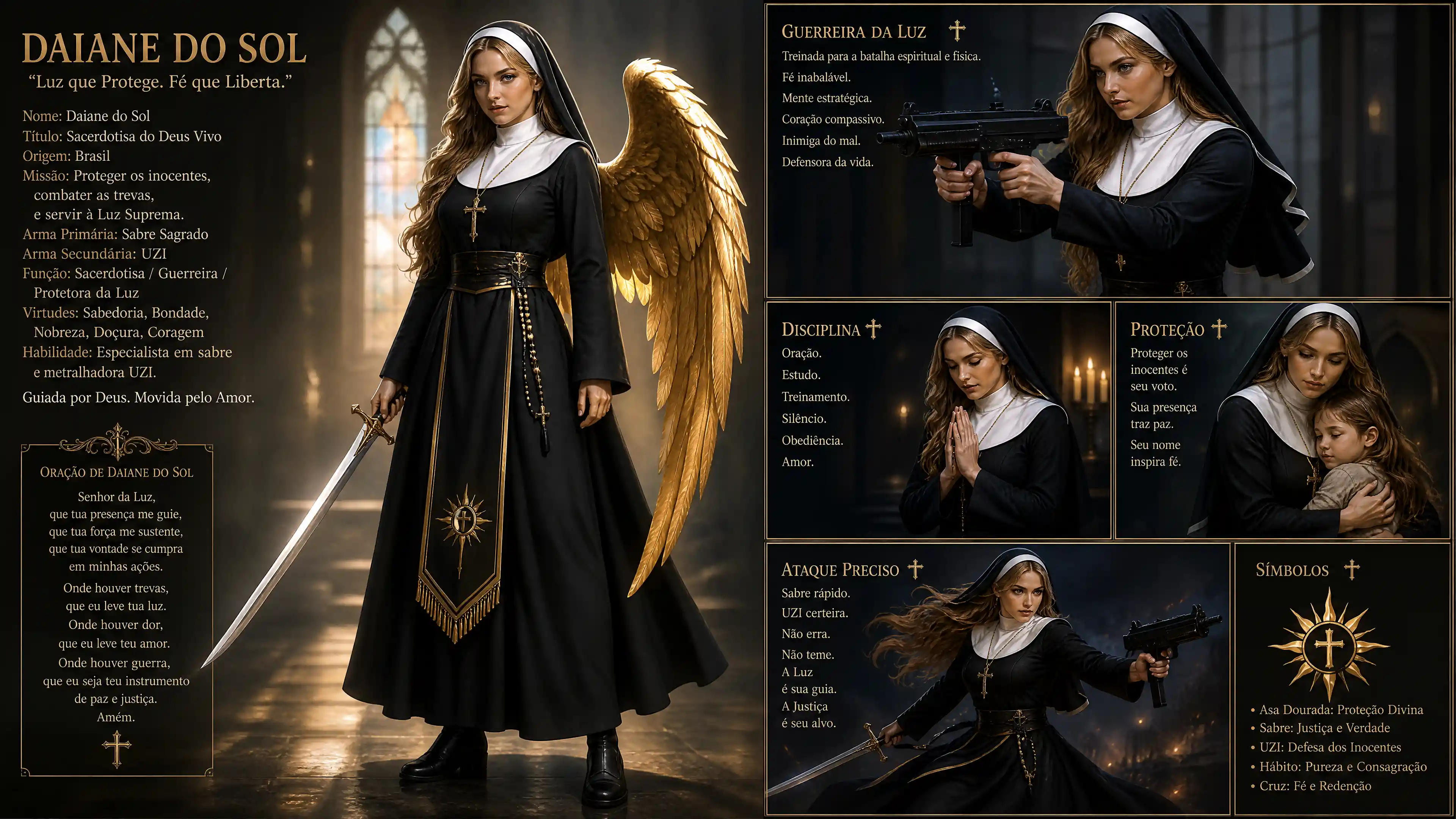 Brazilian nun warrior with golden angel wing and weapons