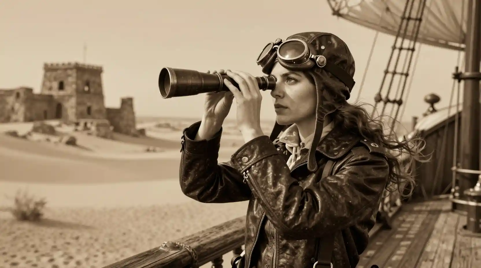Vintage female explorer on steampunk airship deck in sepia tones