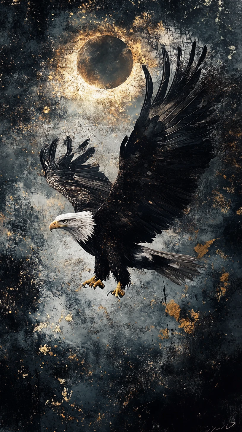 Abstract eagle dissolving into flowing shapes before an eclipse