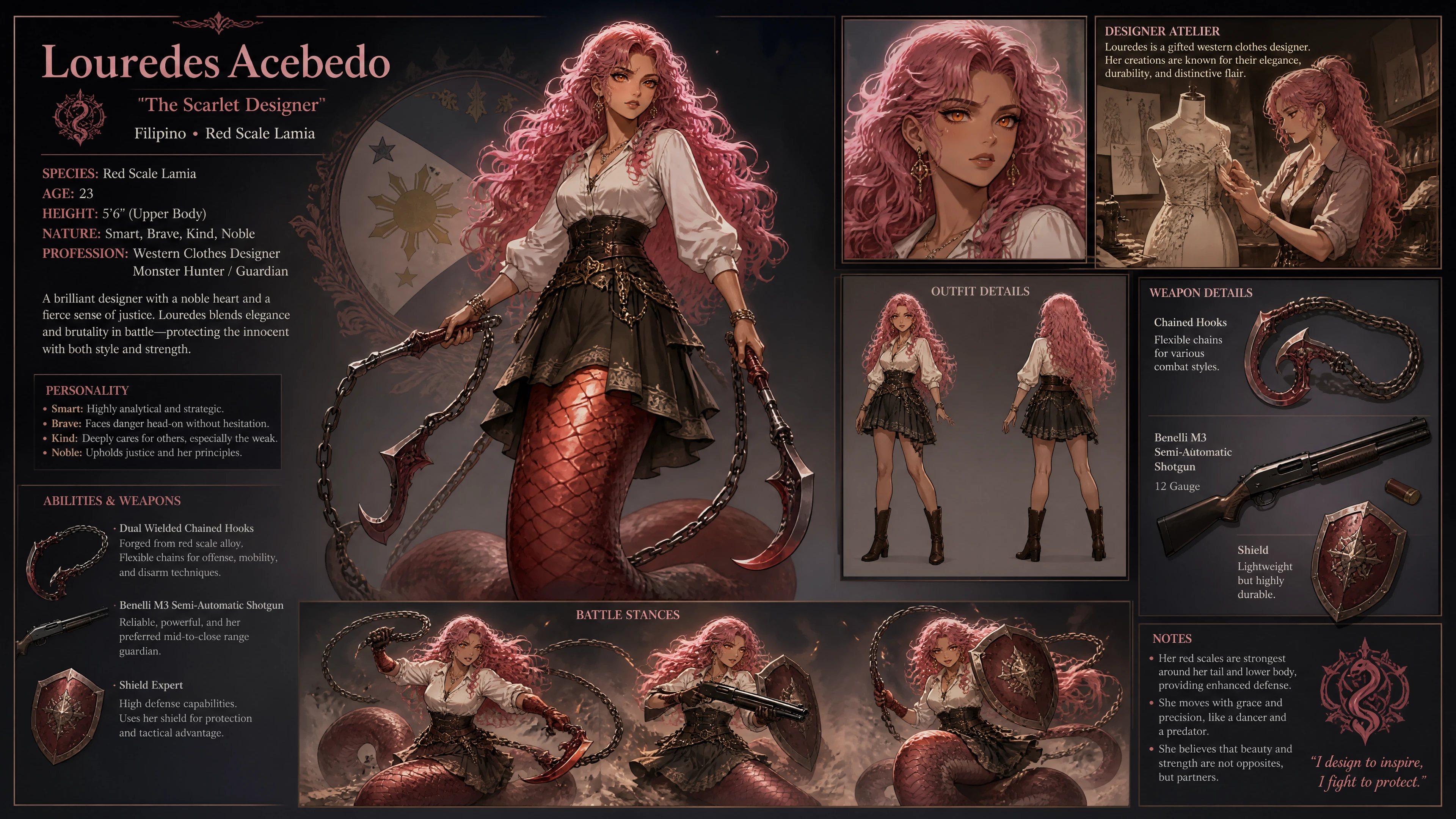 Filipino lamia woman with pink hair and chained hooks