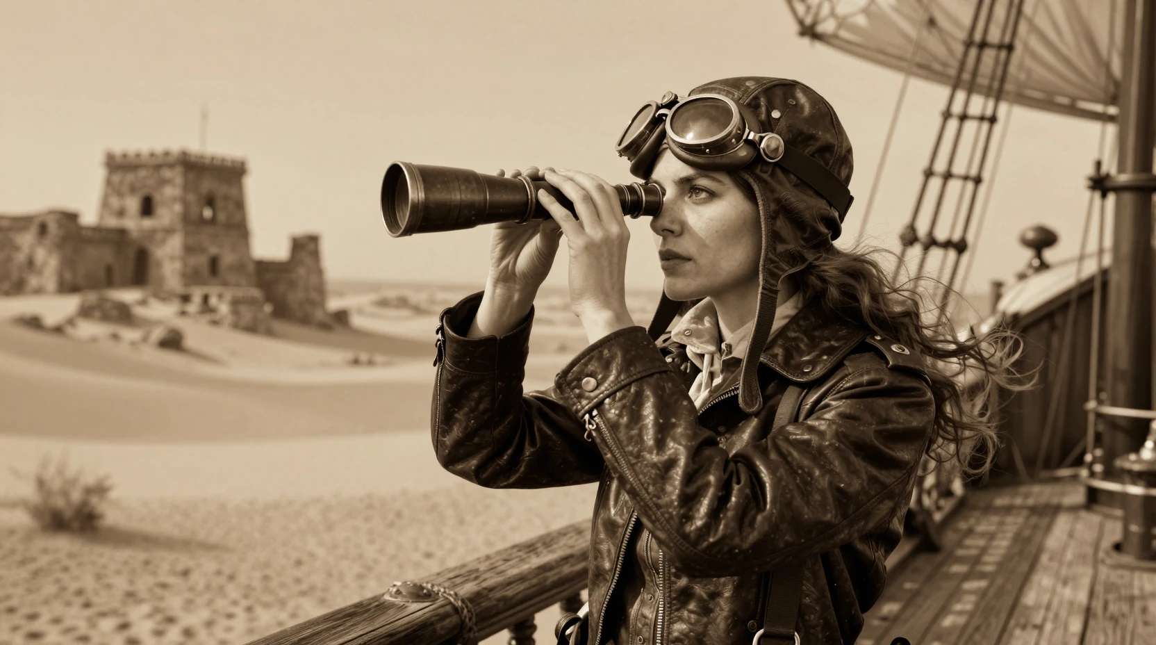 Vintage female explorer on steampunk airship deck in sepia tones