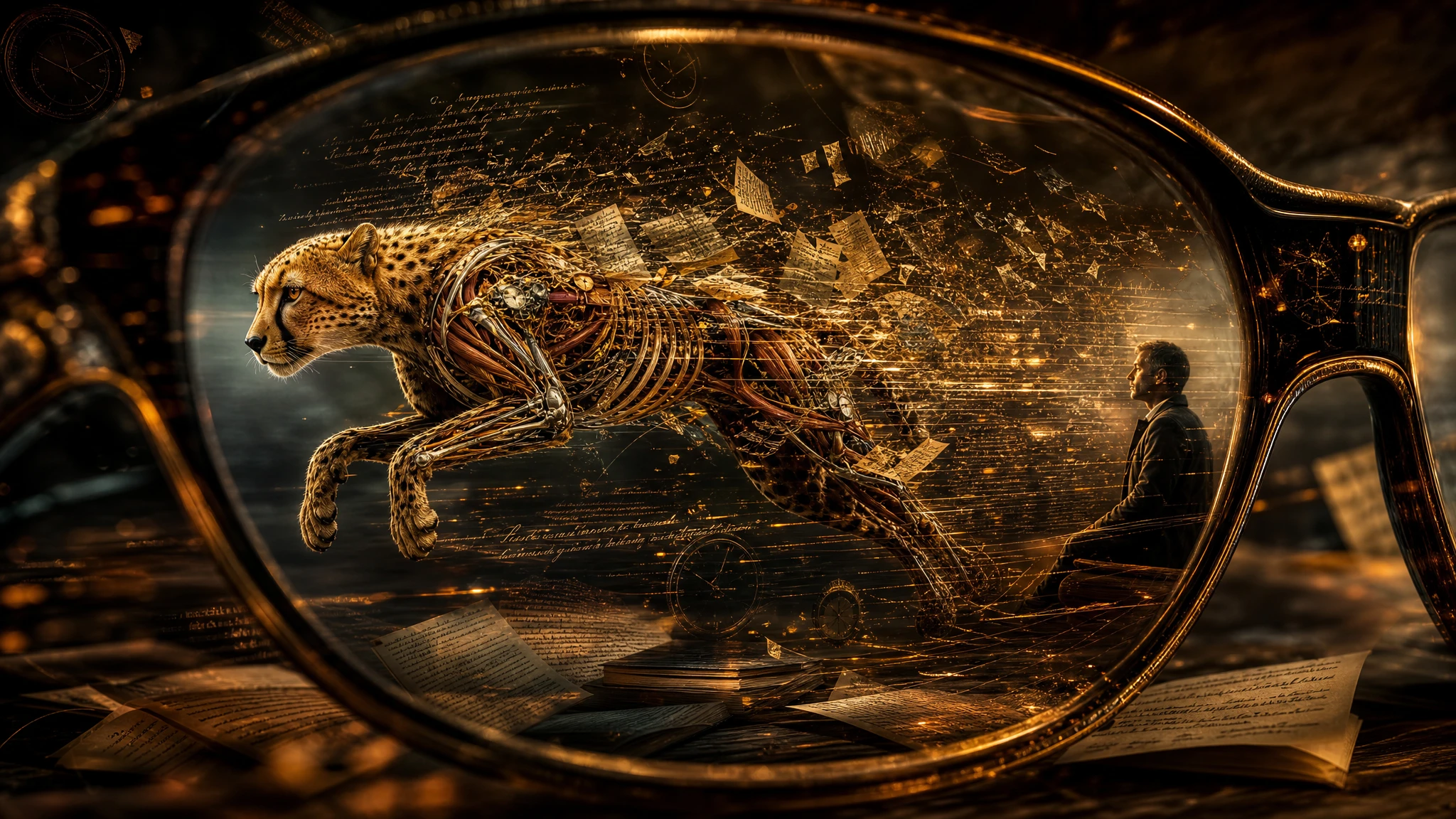 Cheetah In Motion Dissolving Into Glowing Script Fragments