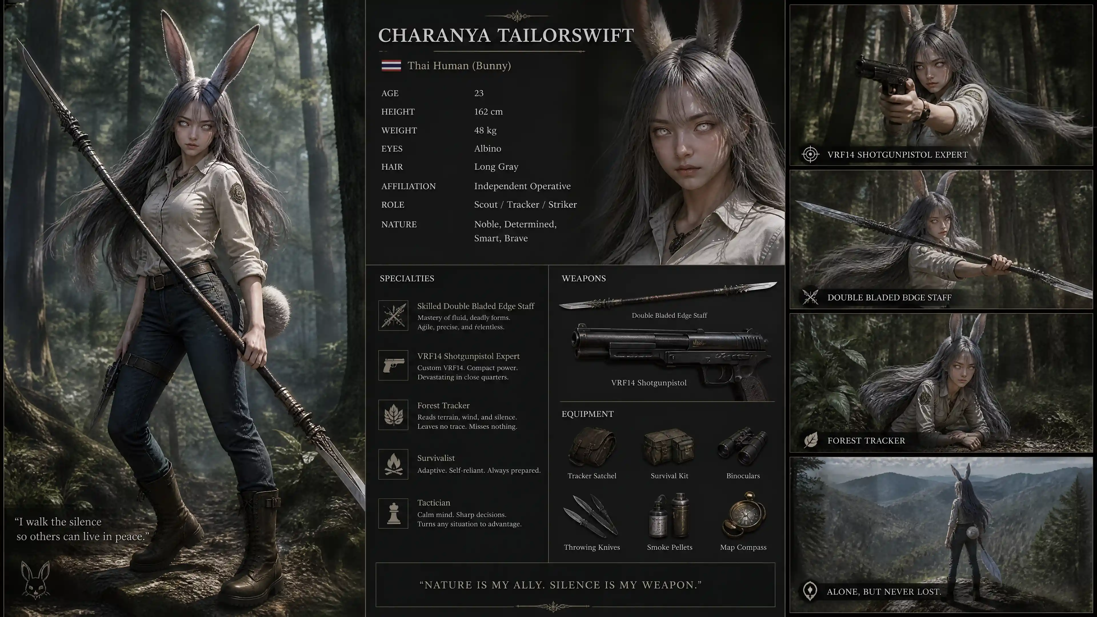 Fantasy bunny eared warrior woman in a forest