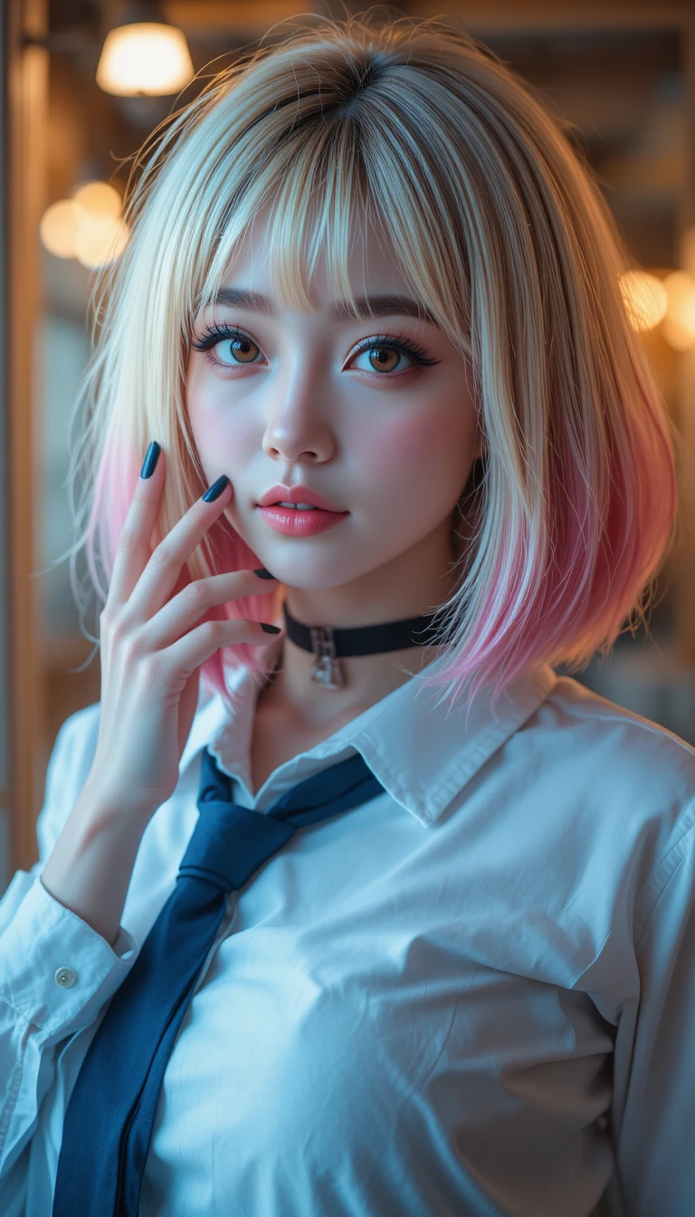 Blonde bob girl with pink streaks and bokeh lights