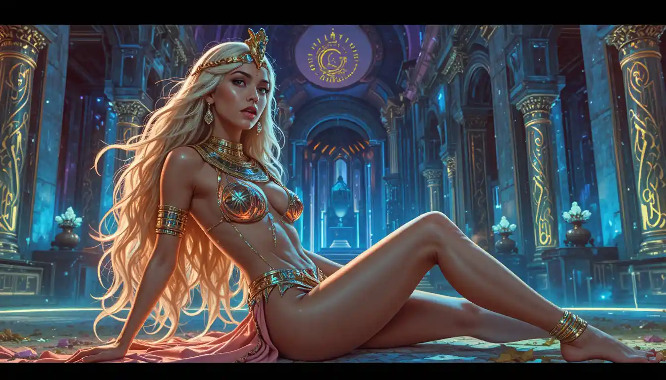 Neon lit egyptian queen in glamorous couture pose