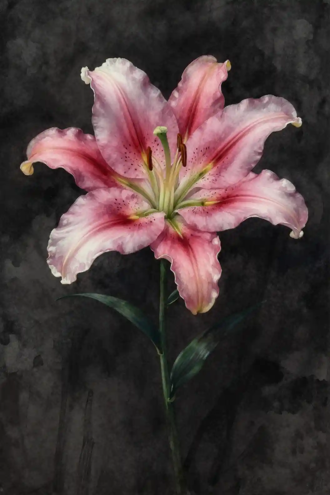 Large pink lily with dramatic chiaroscuro on dark background