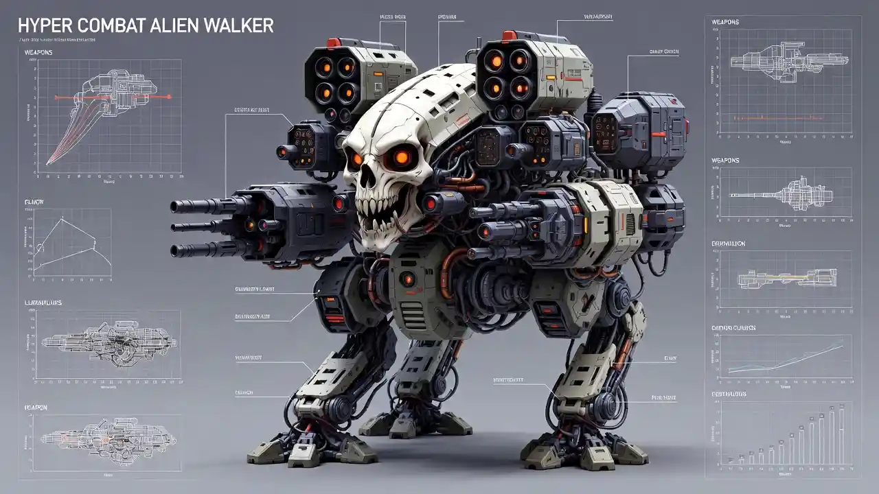 3D engineering diagram of a hyper combat alien walker