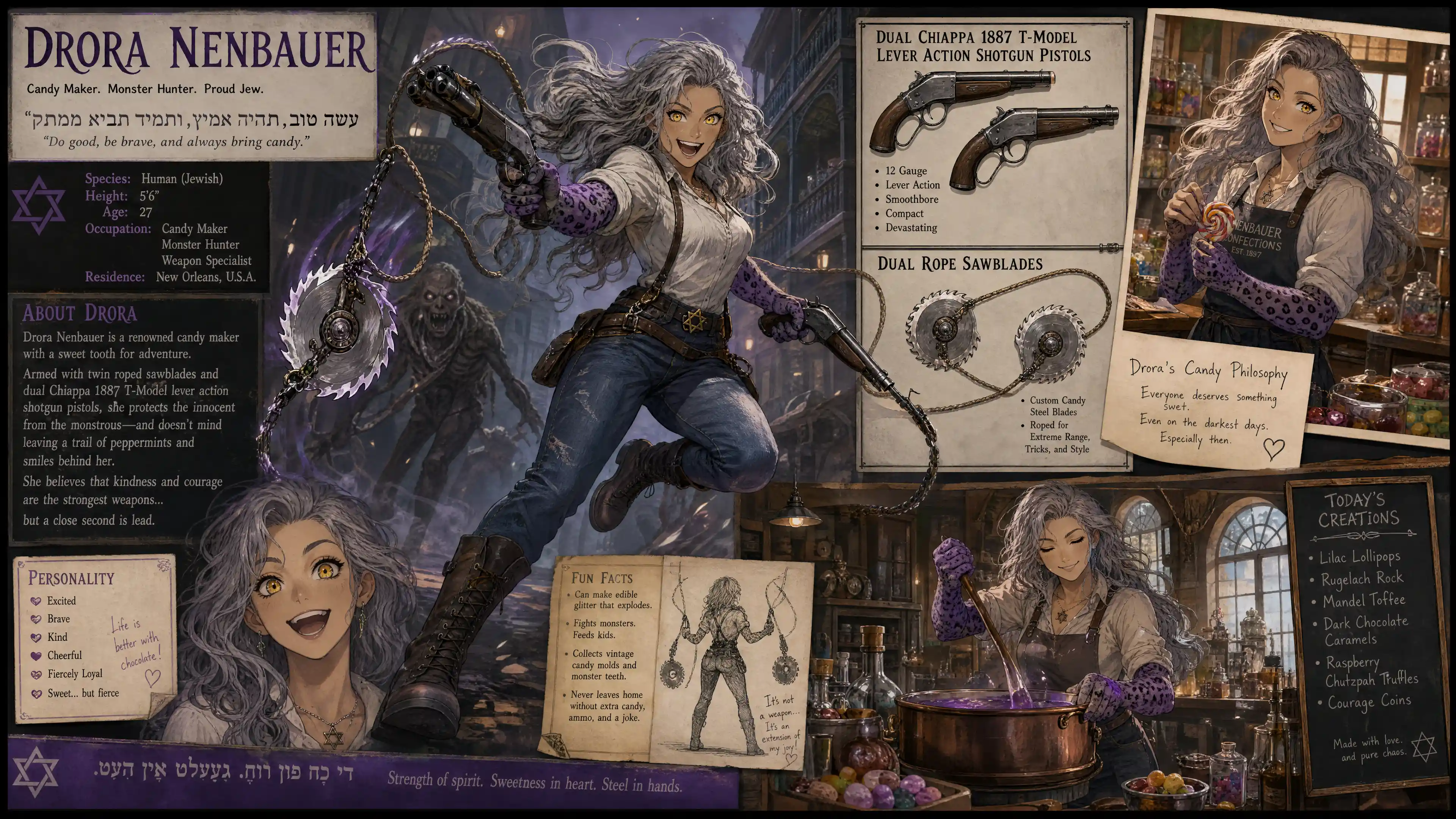 Cheerful fantasy warrior woman with roped sawblades and shotguns