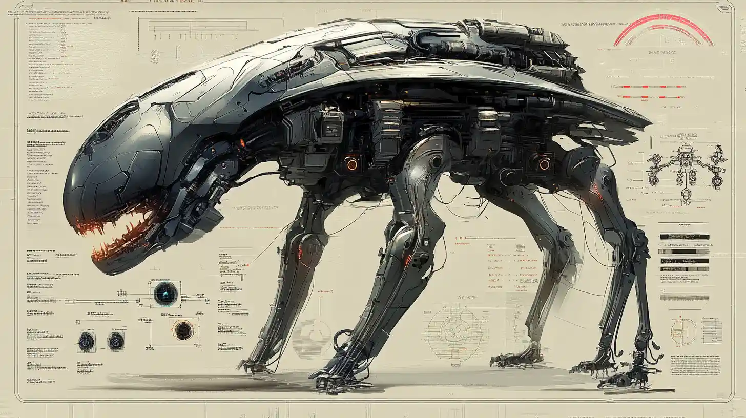 Detailed 3D engineering diagram of alien combat walker