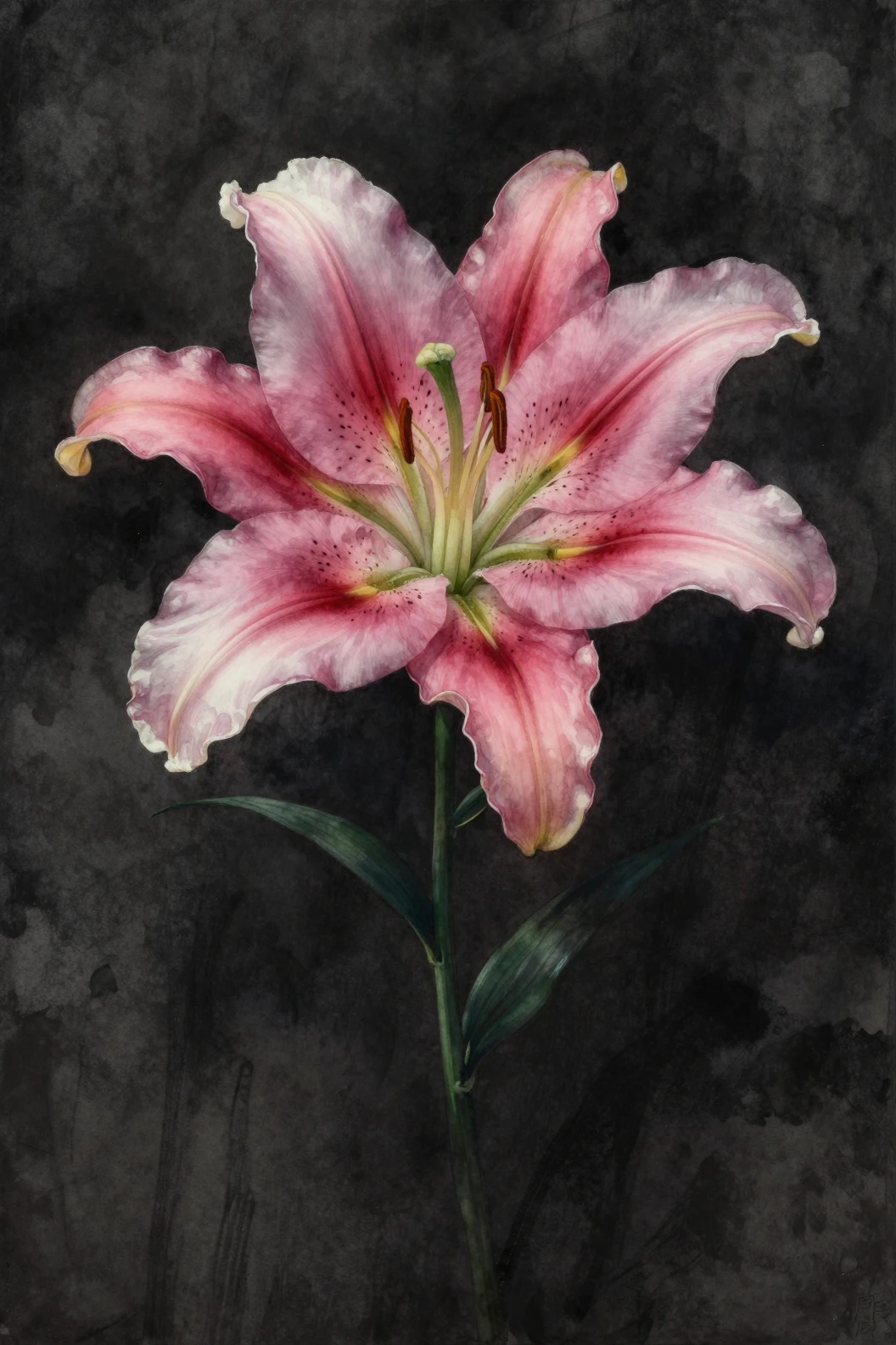 Large pink lily with dramatic chiaroscuro on dark background