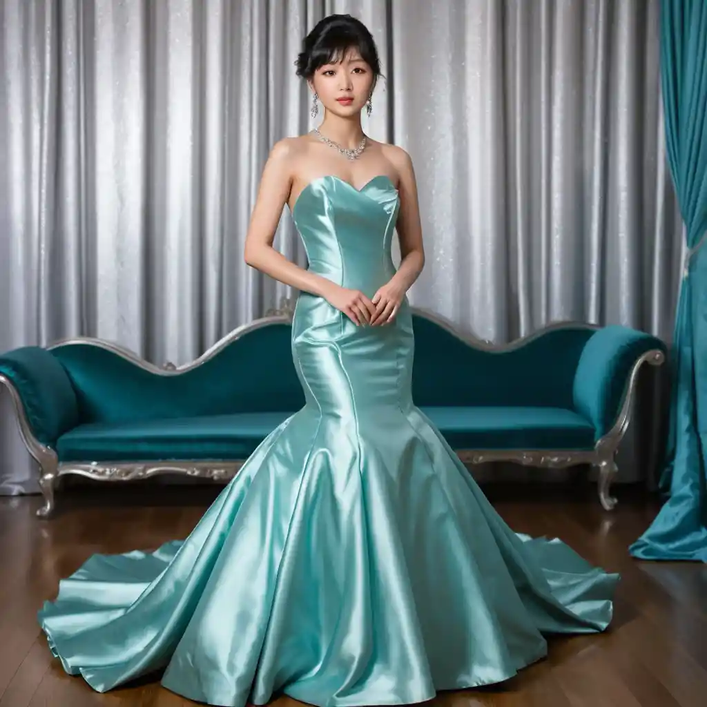 Elegant woman in shiny satin mermaid ballgown indoors