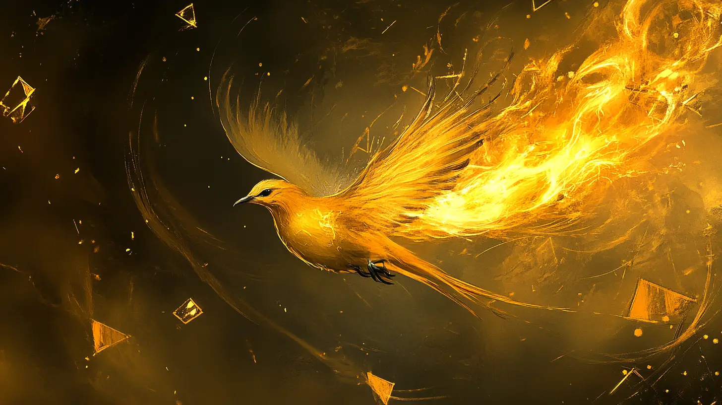 Mythic bird dissolving into luminous flowing flame forms