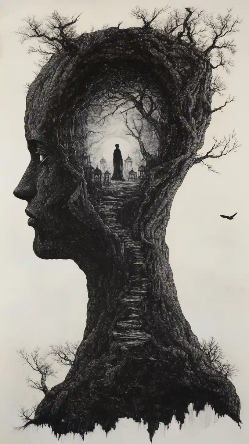 Sagoma di un albero massiccio che forma il profilo di un volto umano