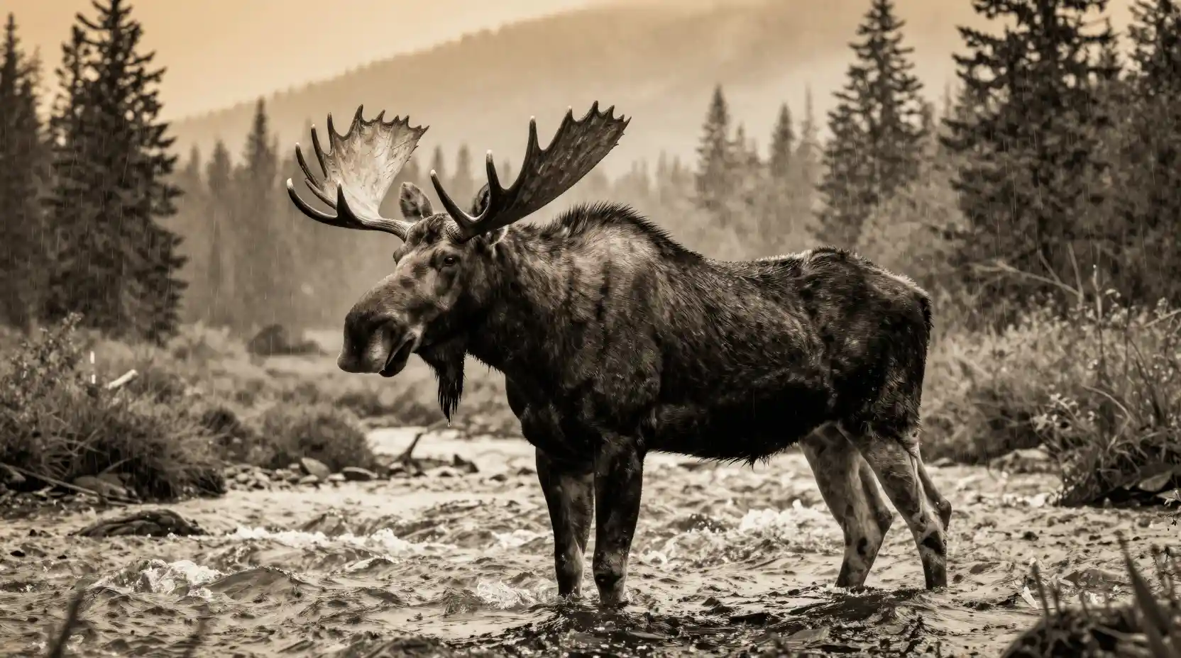 Bull moose standing in a rushing river under misty forest rain