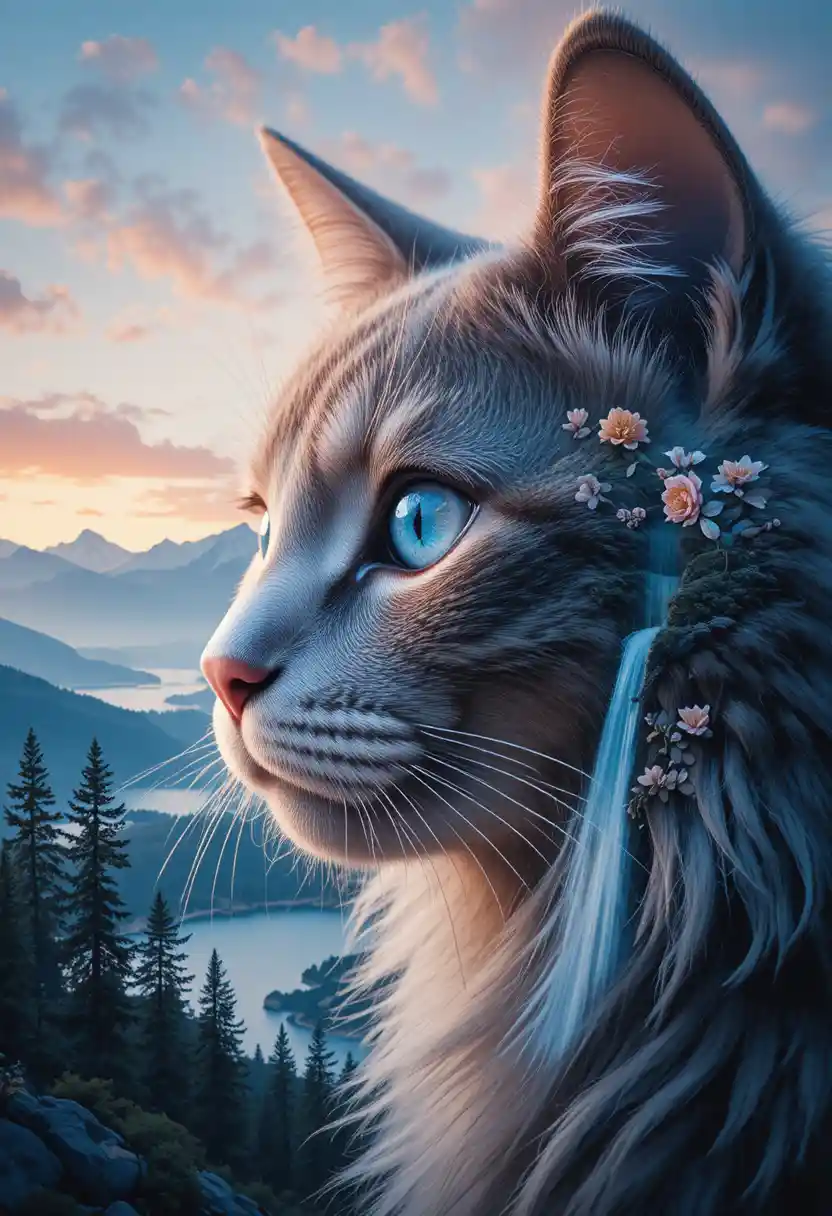 Double exposure portrait of a cat with mountain landscape