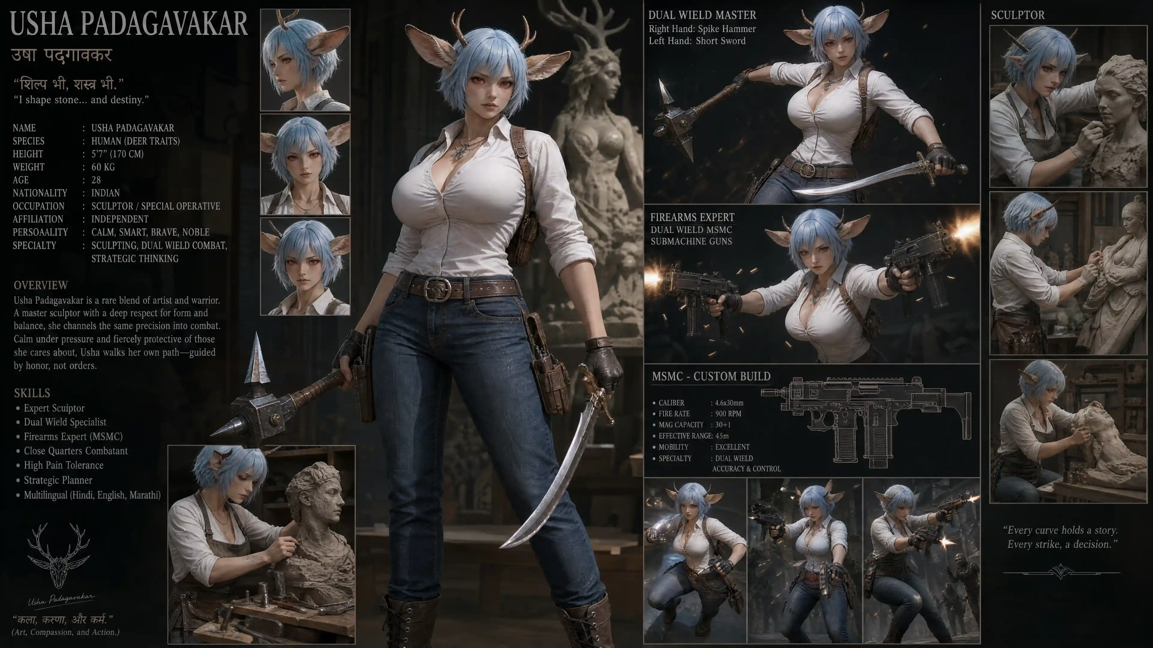 Calm fantasy woman with deer ears wielding hammer and sword