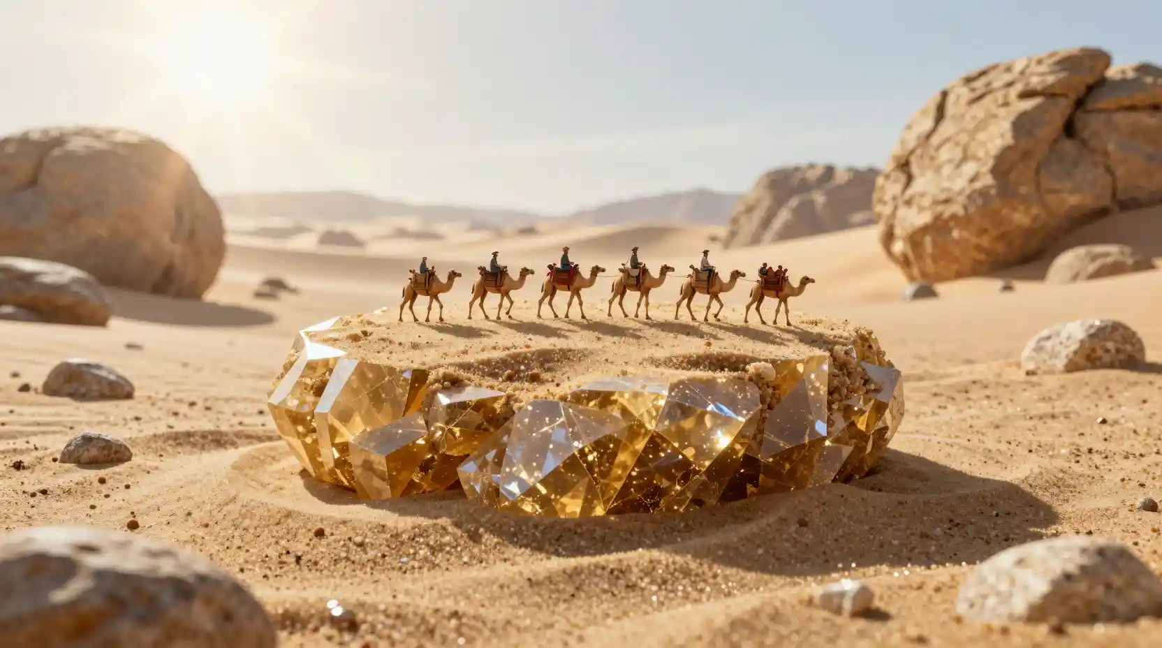 Microscopic sand grain towering like a vast desert mountain