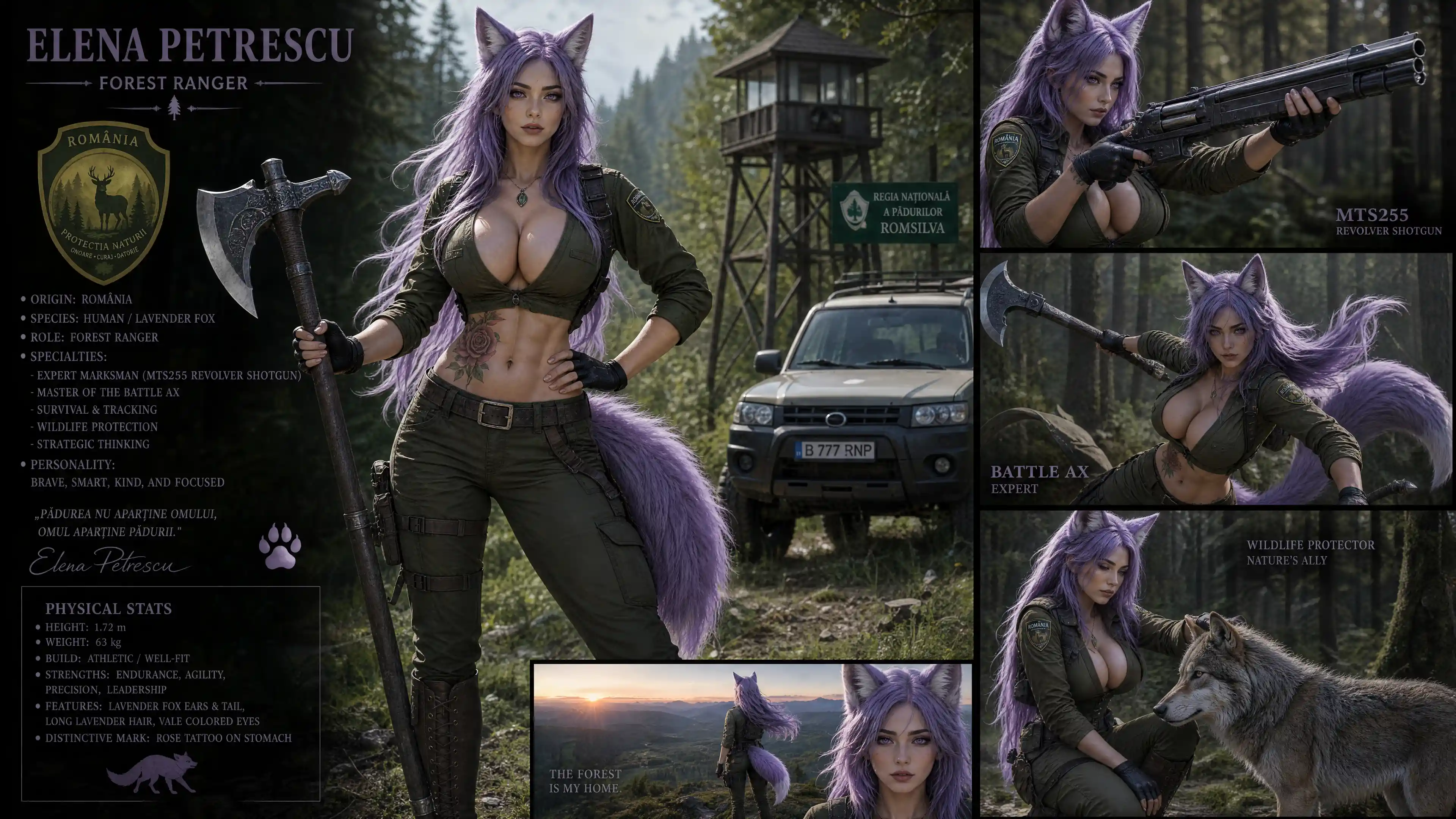 Lavender haired fox eared forest ranger with axe and shotgun