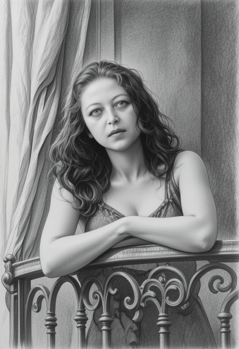 Graphite portrait of a contemplative young woman on balcony