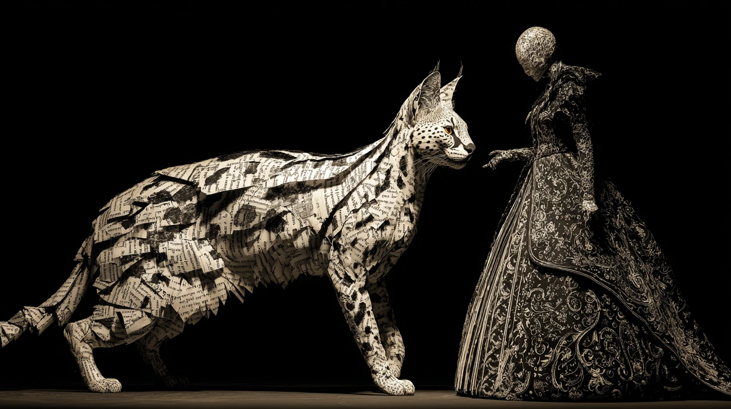 Serval cat of ink and pages beside a gothic figure