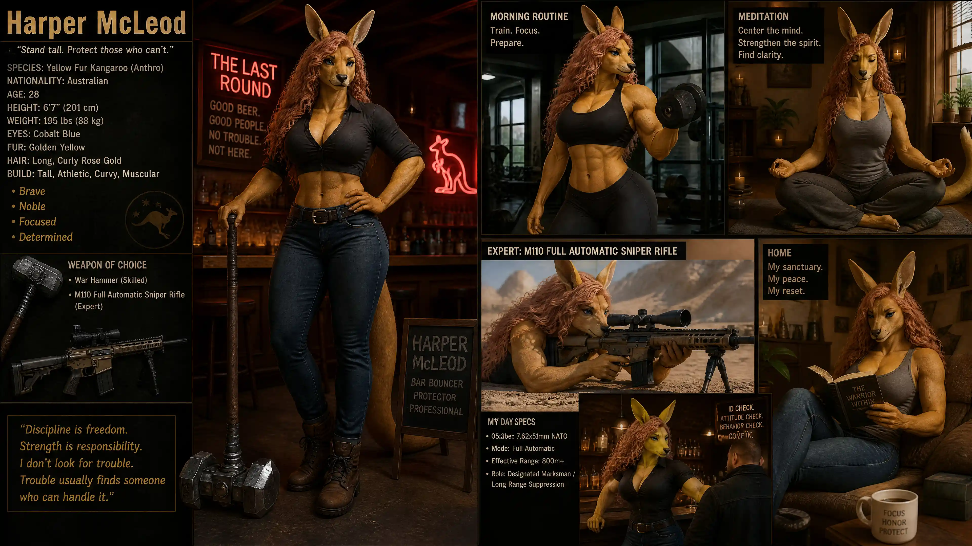 Anthro kangaroo warrior woman with hammer and rifle