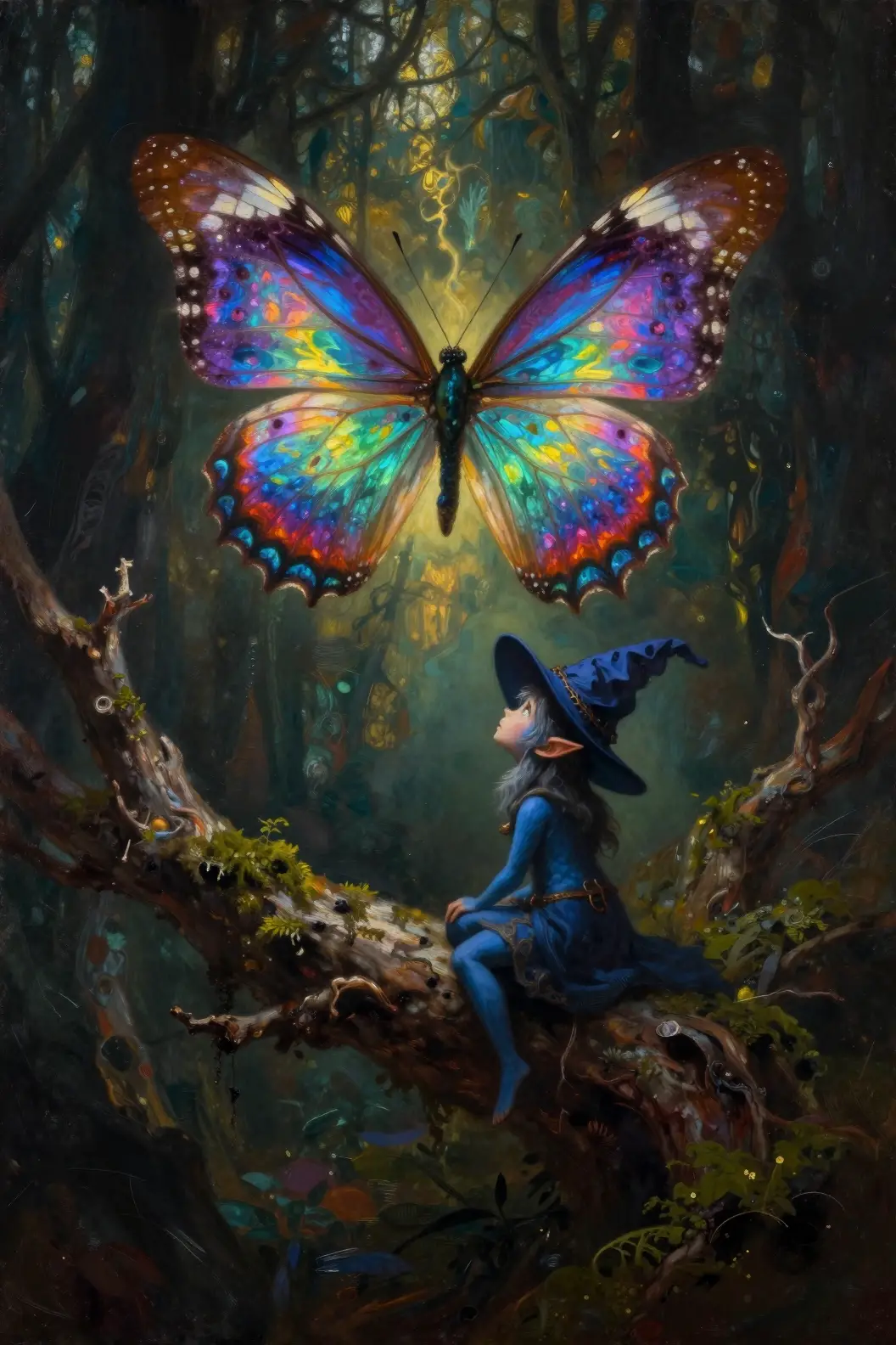 Tiny blue elf watching a glowing butterfly in forest