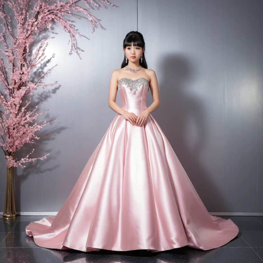 Young woman in pink satin gown in wedding hall