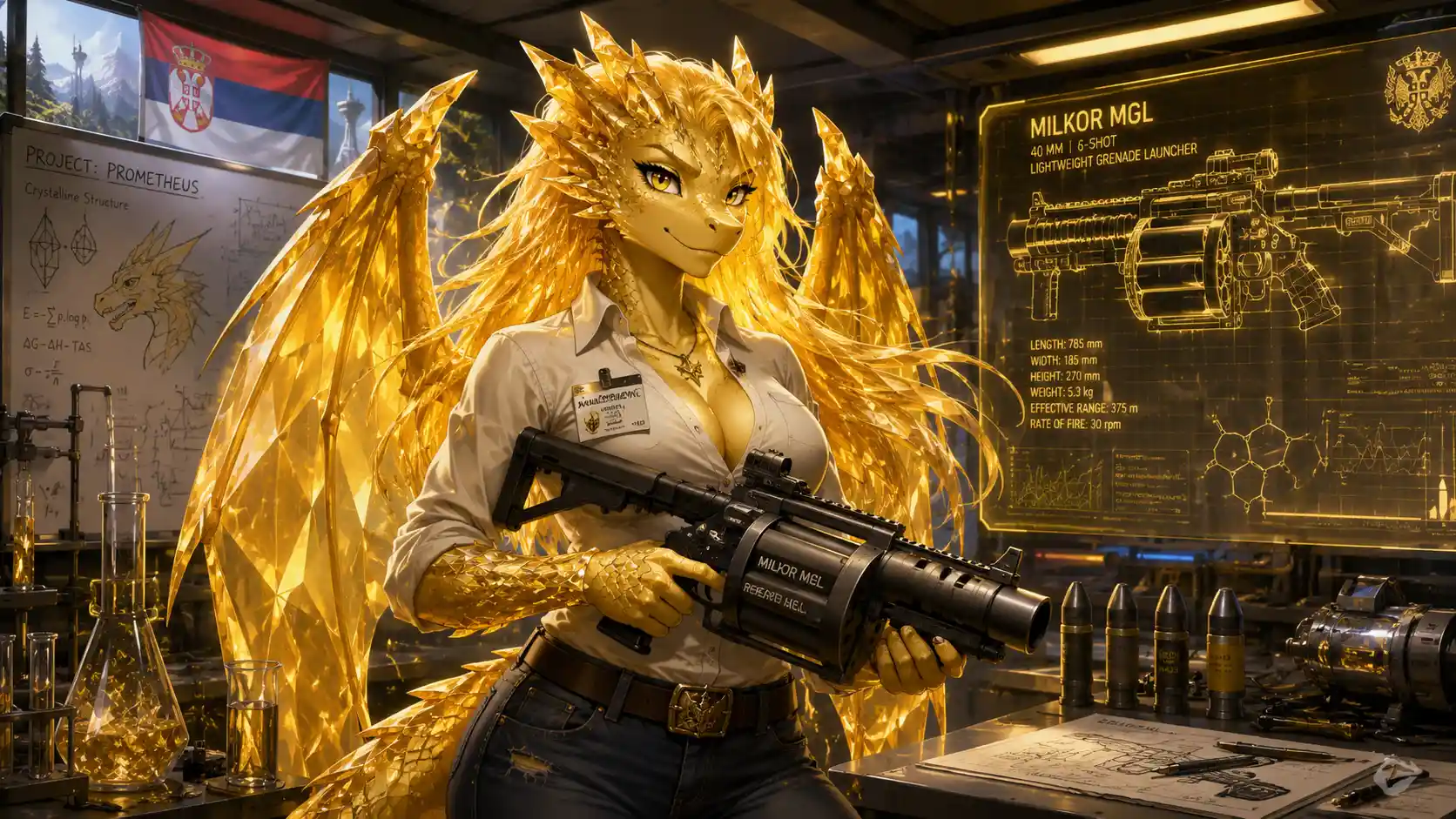 Crystallized yellow dragon woman with wings holding grenade launcher