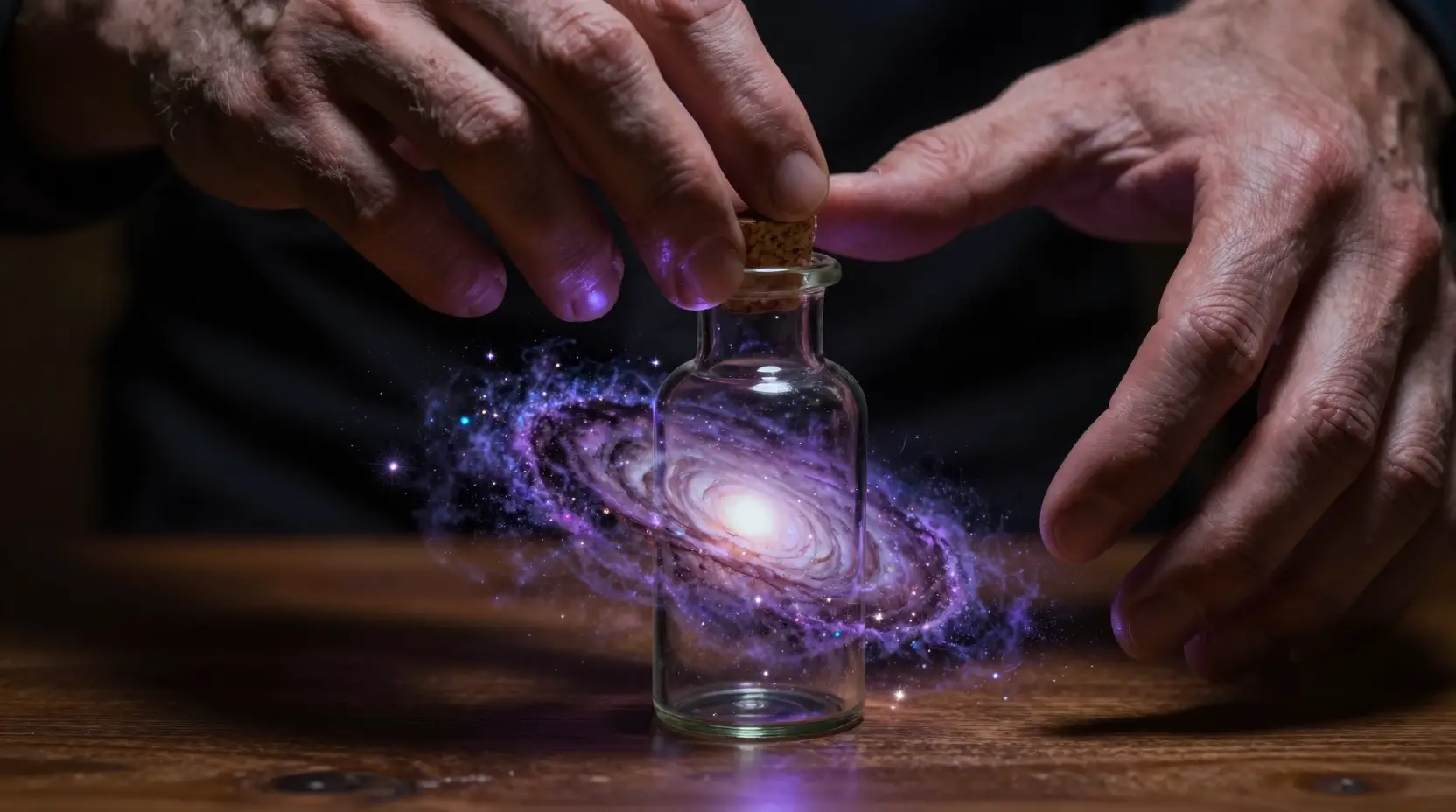 Galassia a spirale in miniatura sigillata in una bottiglia di vetro