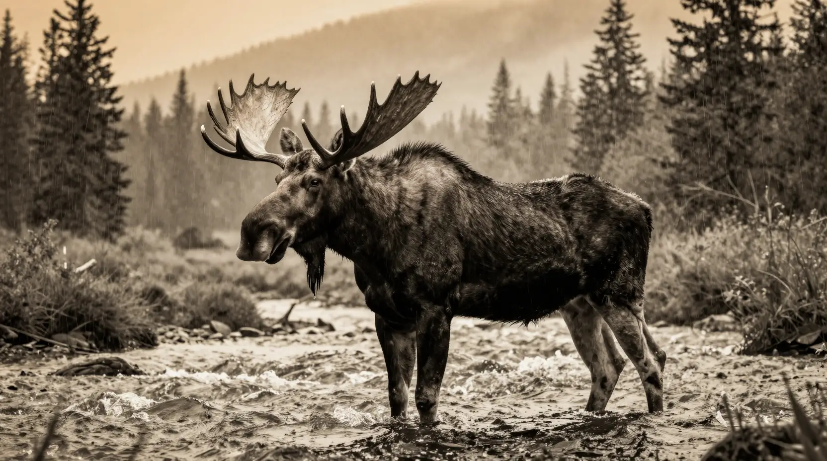 Bull moose standing in a rushing river under misty forest rain