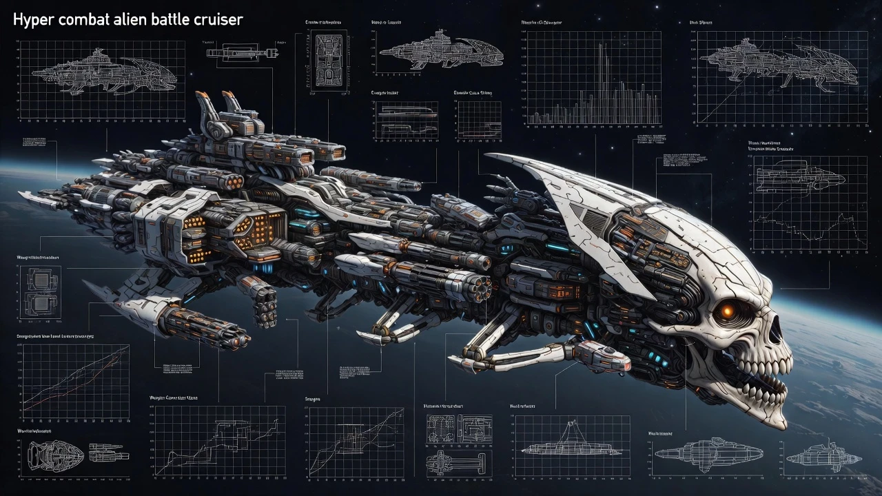 3D engineering cutaway of an alien skull battle cruiser