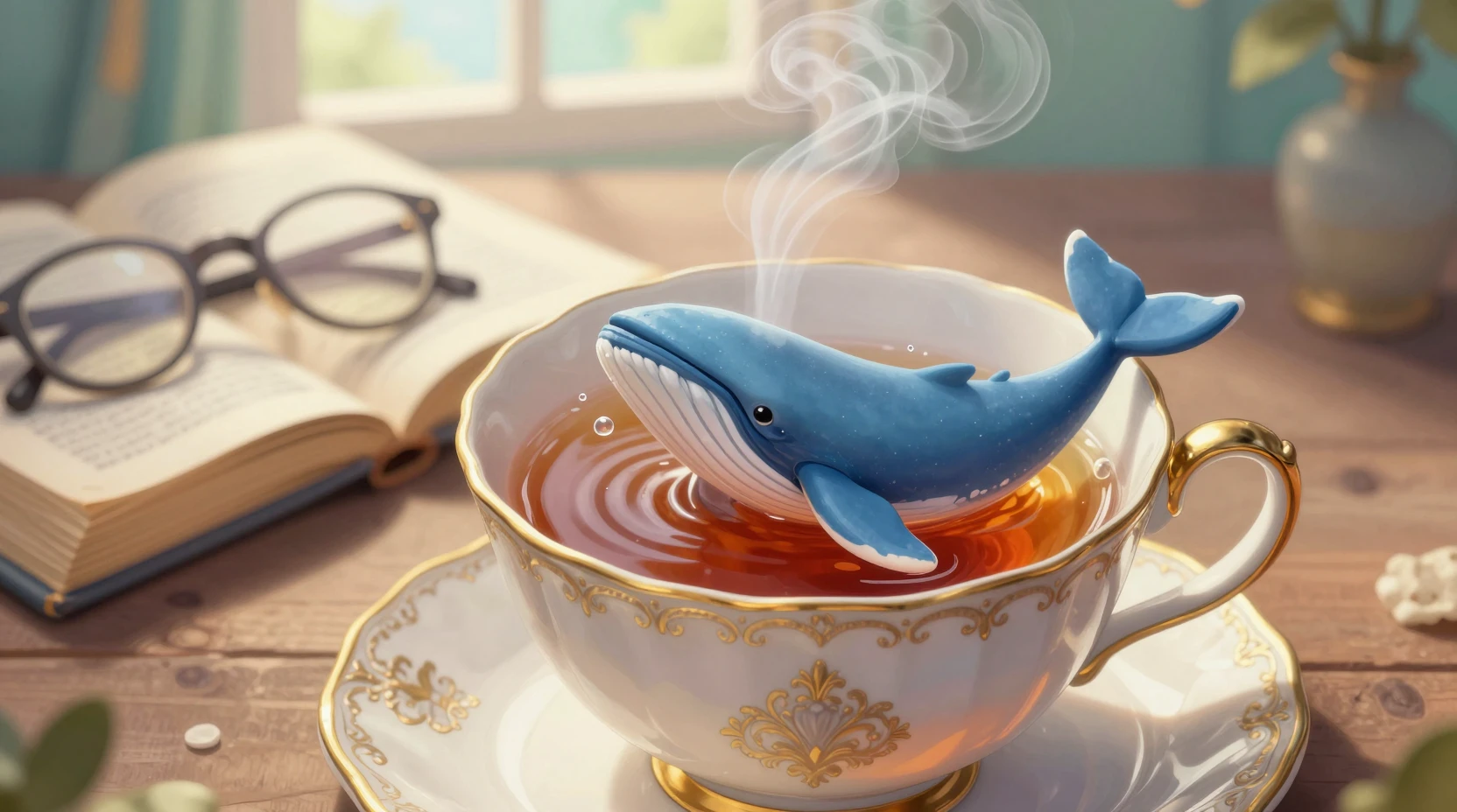 Tiny blue whale swimming inside a porcelain teacup