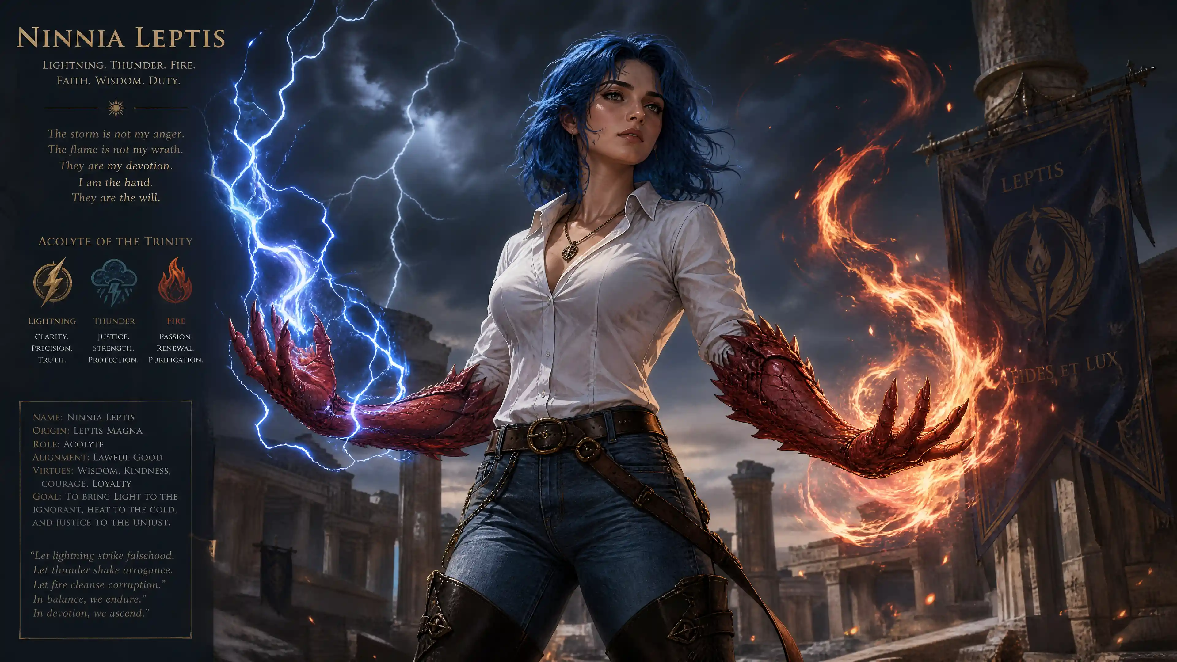 Blue haired fantasy woman with red dragon arms and fire