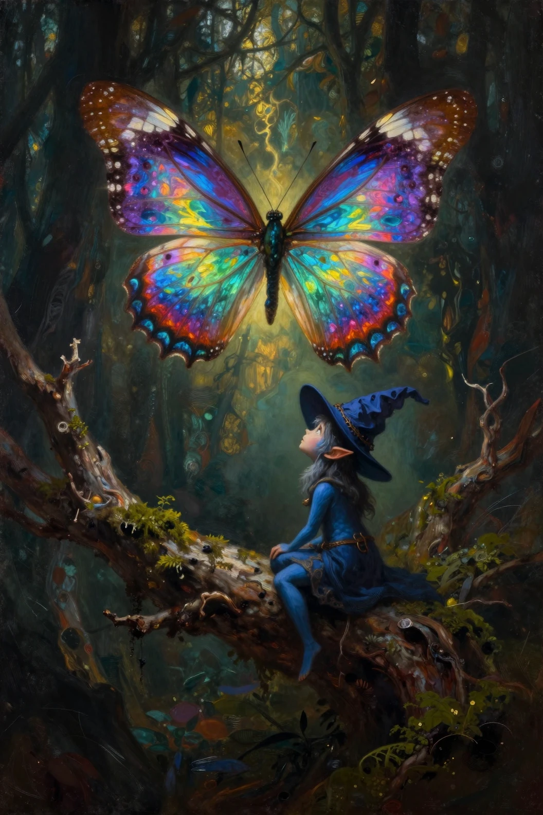 Tiny blue elf watching a glowing butterfly in forest