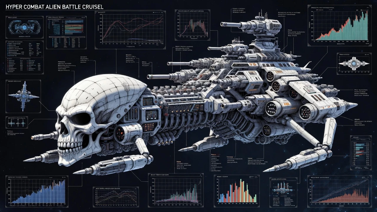 3D engineering diagram of alien skull battle cruiser