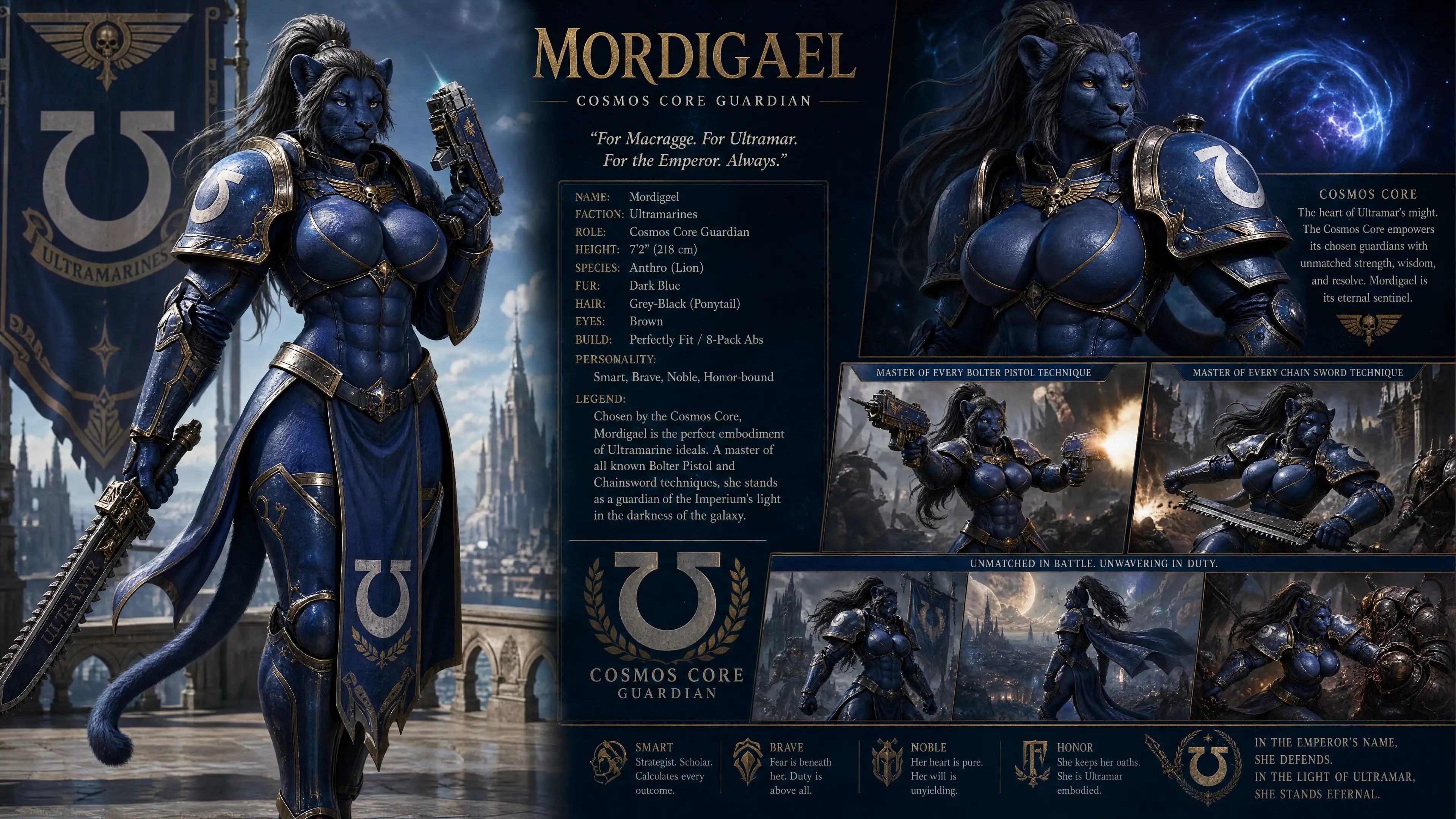 Tall lion warrior woman in cosmic ultramarine armor