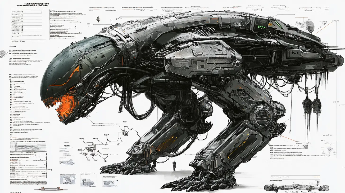 3D engineering diagram of a hyper combat alien mech