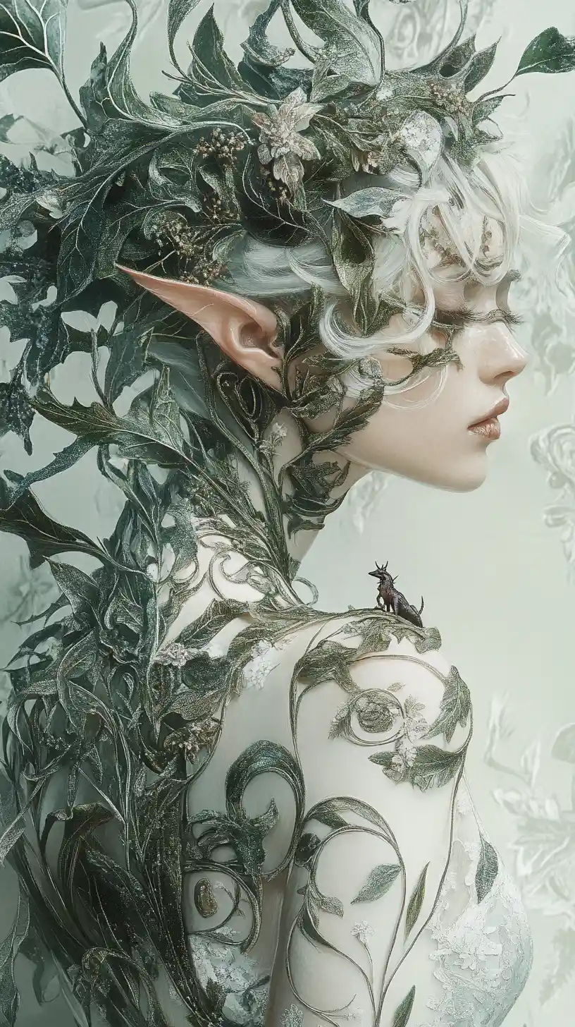 Fantasy botanical mage adorned with living plant garments