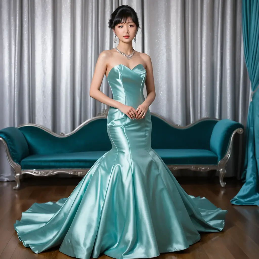 Elegant woman in shiny satin mermaid ballgown indoors