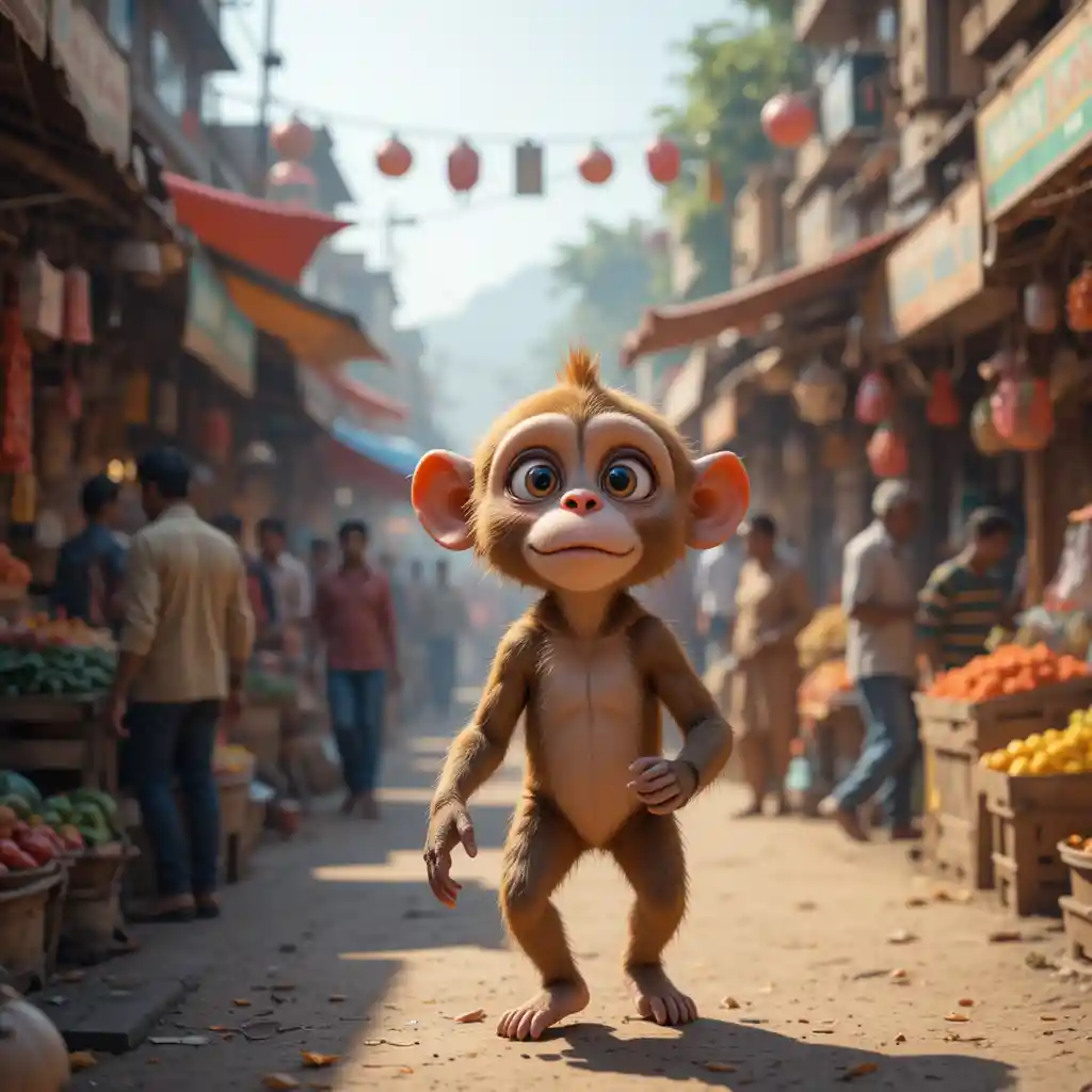 Monkey Walking Upright In A Colorful Indian Street Market