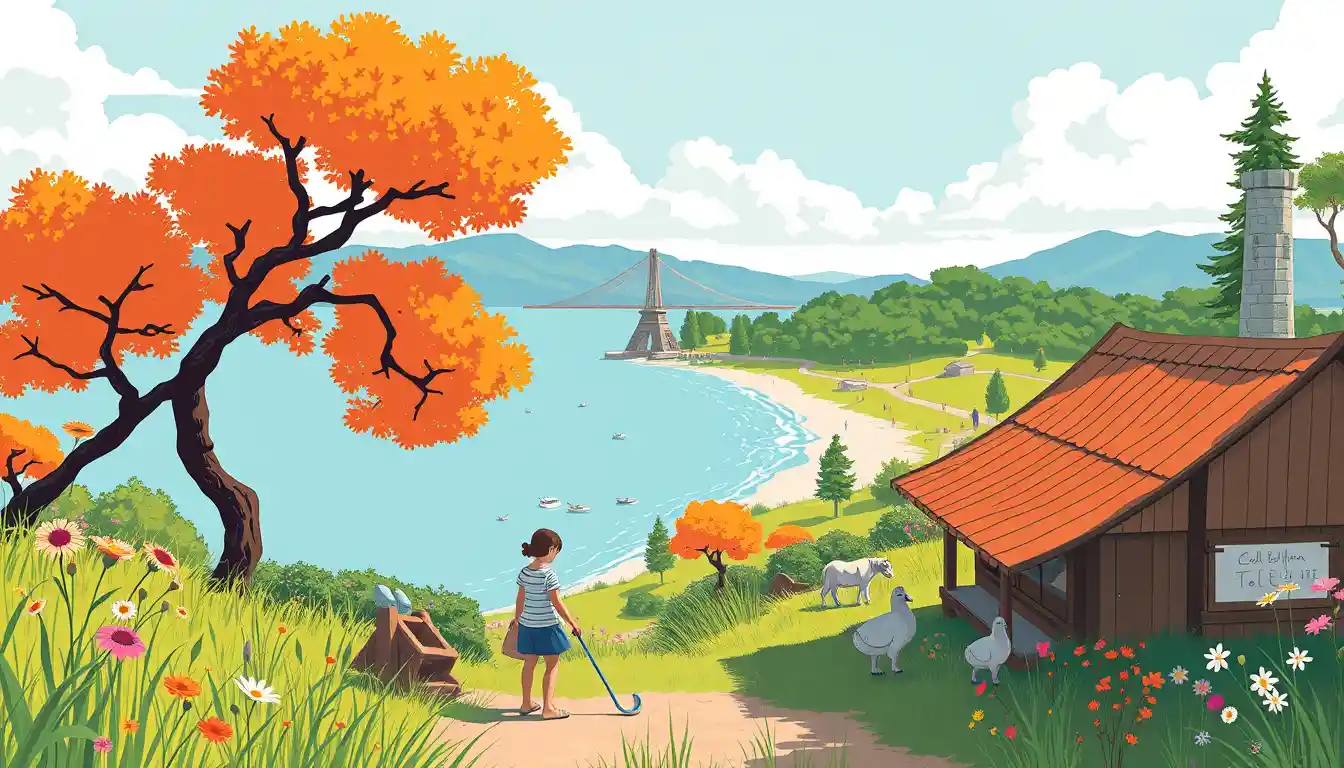 Colorful neon countryside vacation scene with farm animals
