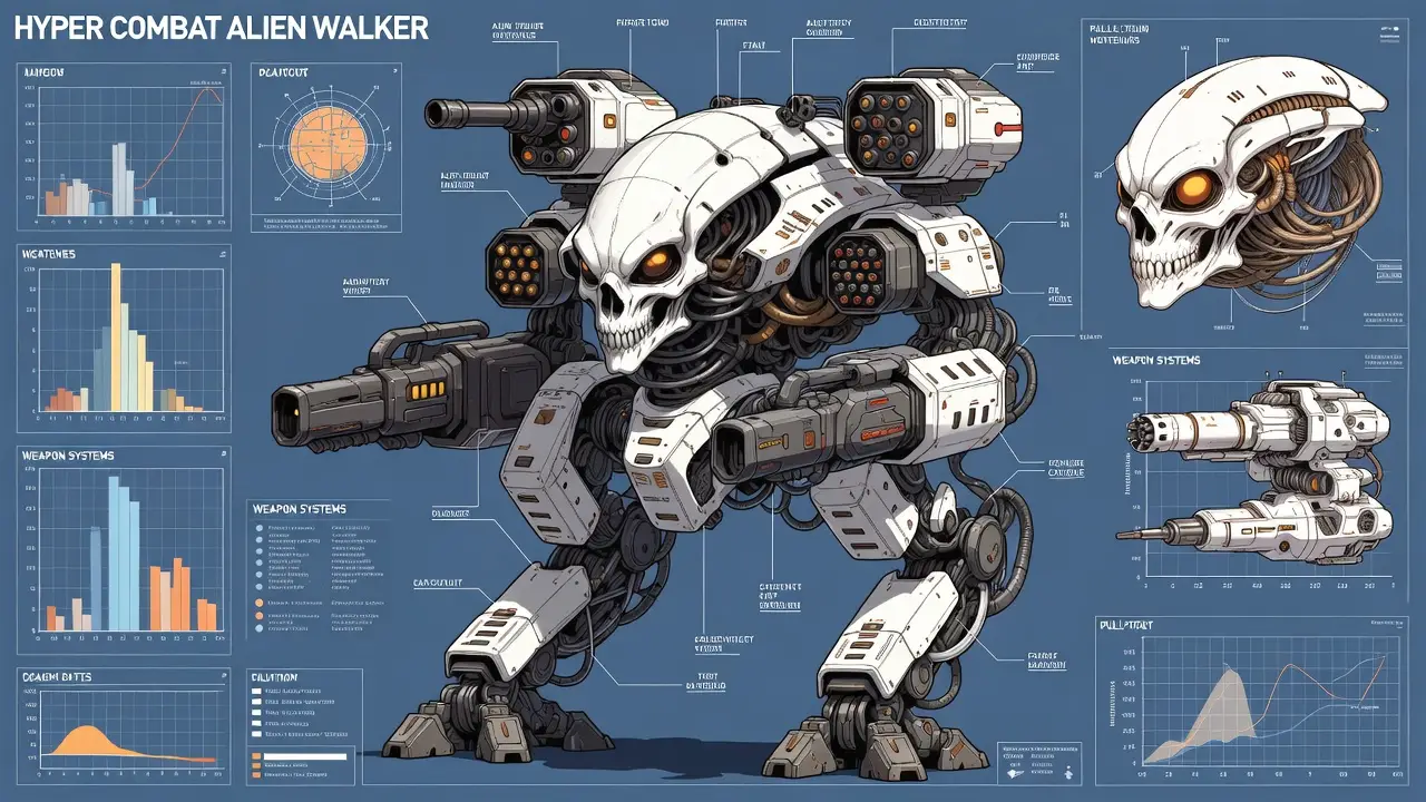 3D engineering diagram of a hyper combat alien mech walker