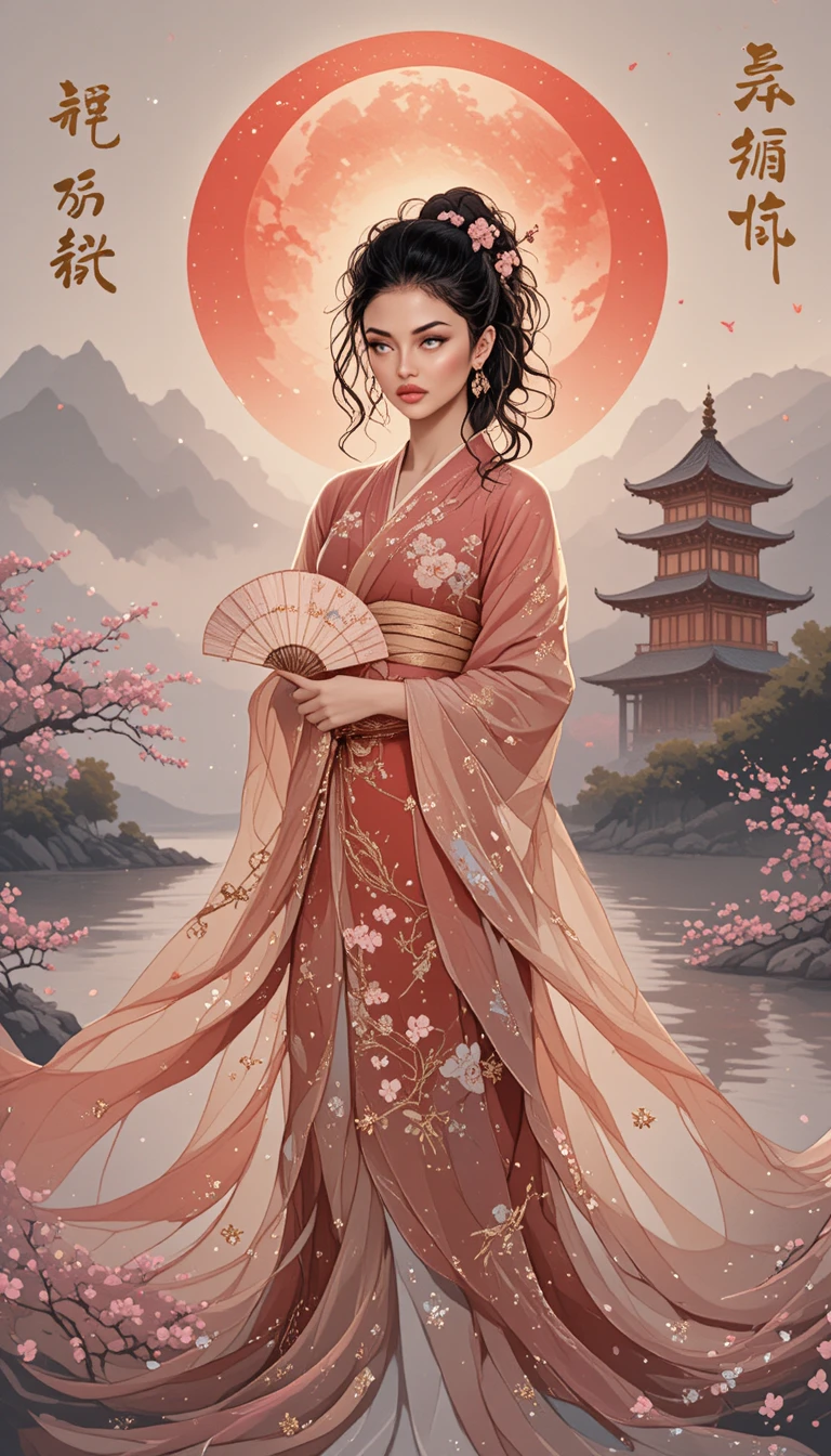 Ethereal woman in red kimono by a glowing red sun