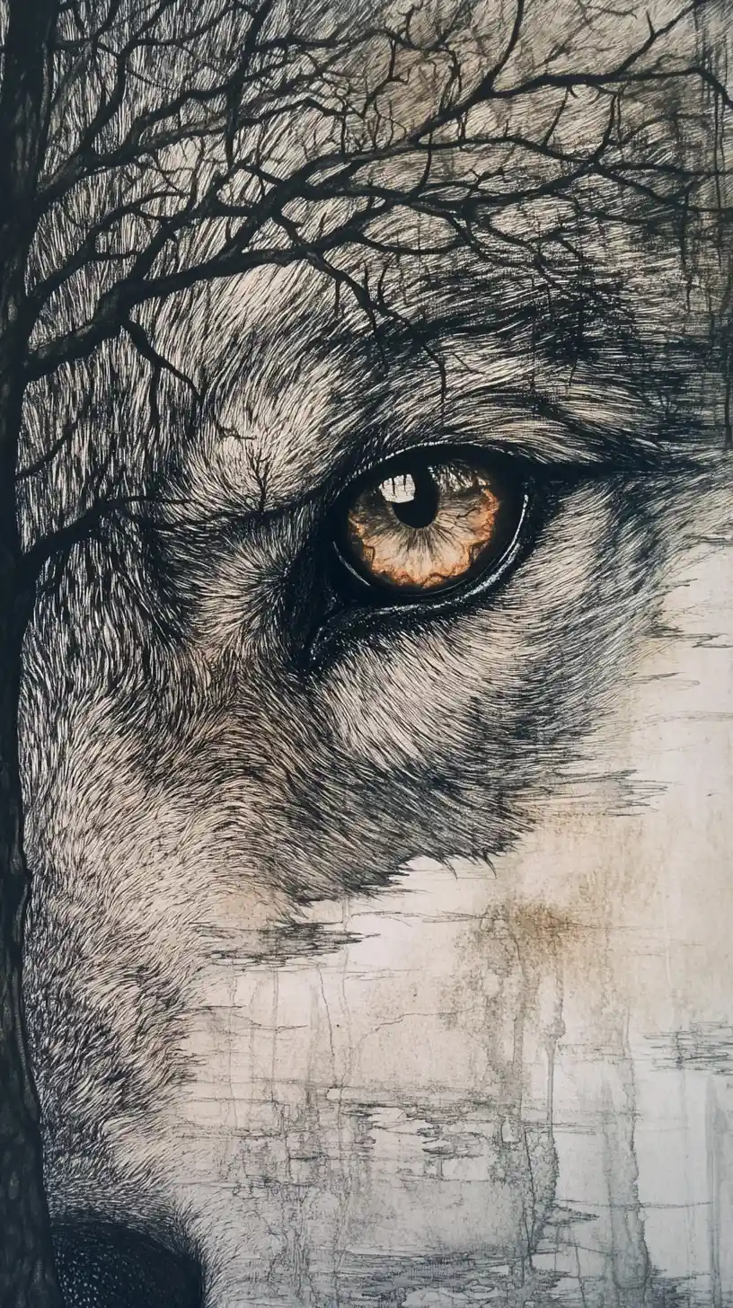 Surreal close up of a wolf with reflective eye